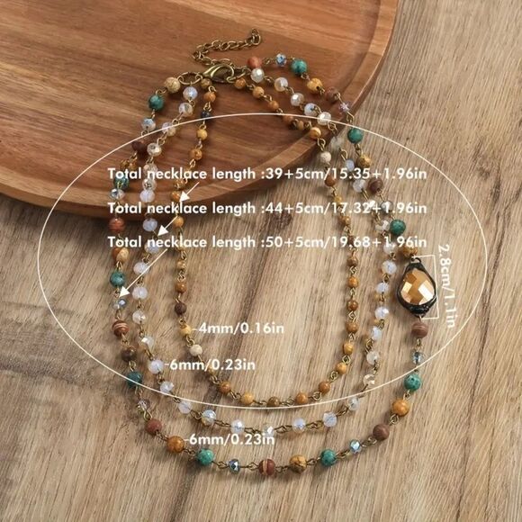 Multi-Layered Green Natural Stone & Glass Bead Necklace Boho-Chic Spring - Picture 4 of 4